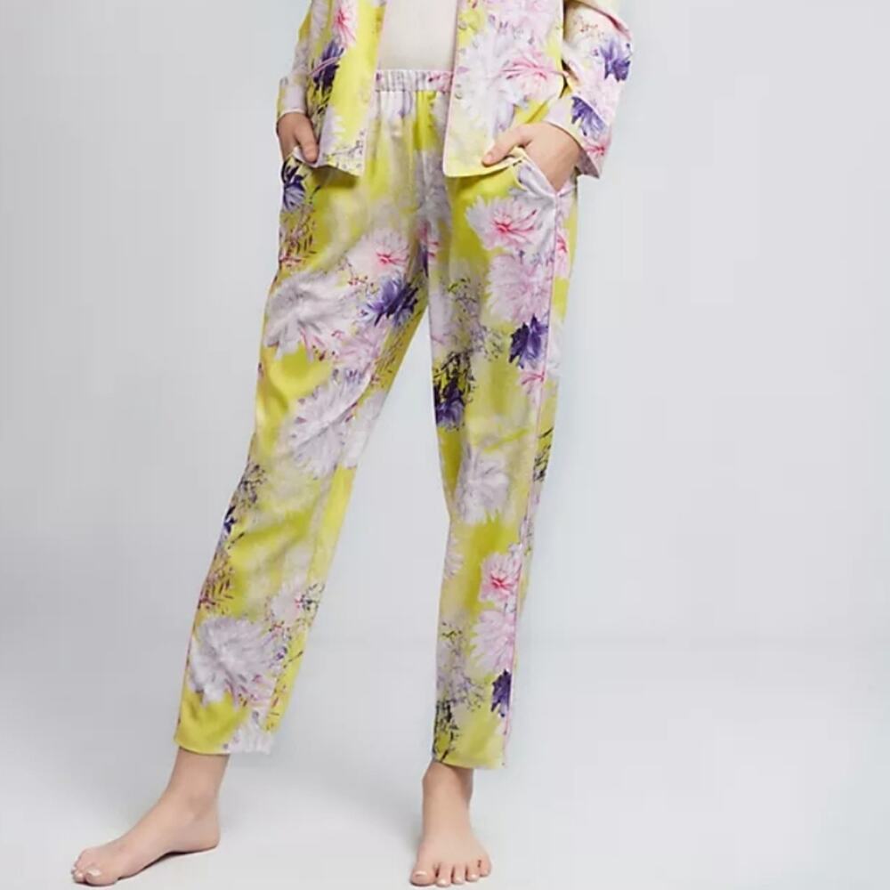 Anthropologie By Eloise Yellow Floral Satin Pajama Pants Tapered Loungewear S